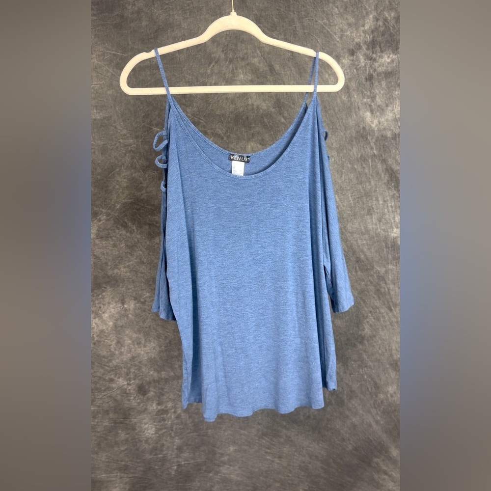 VENUS Ladder Strap Cold Shoulder Top Denim Blue 1X - Picture 3 of 9